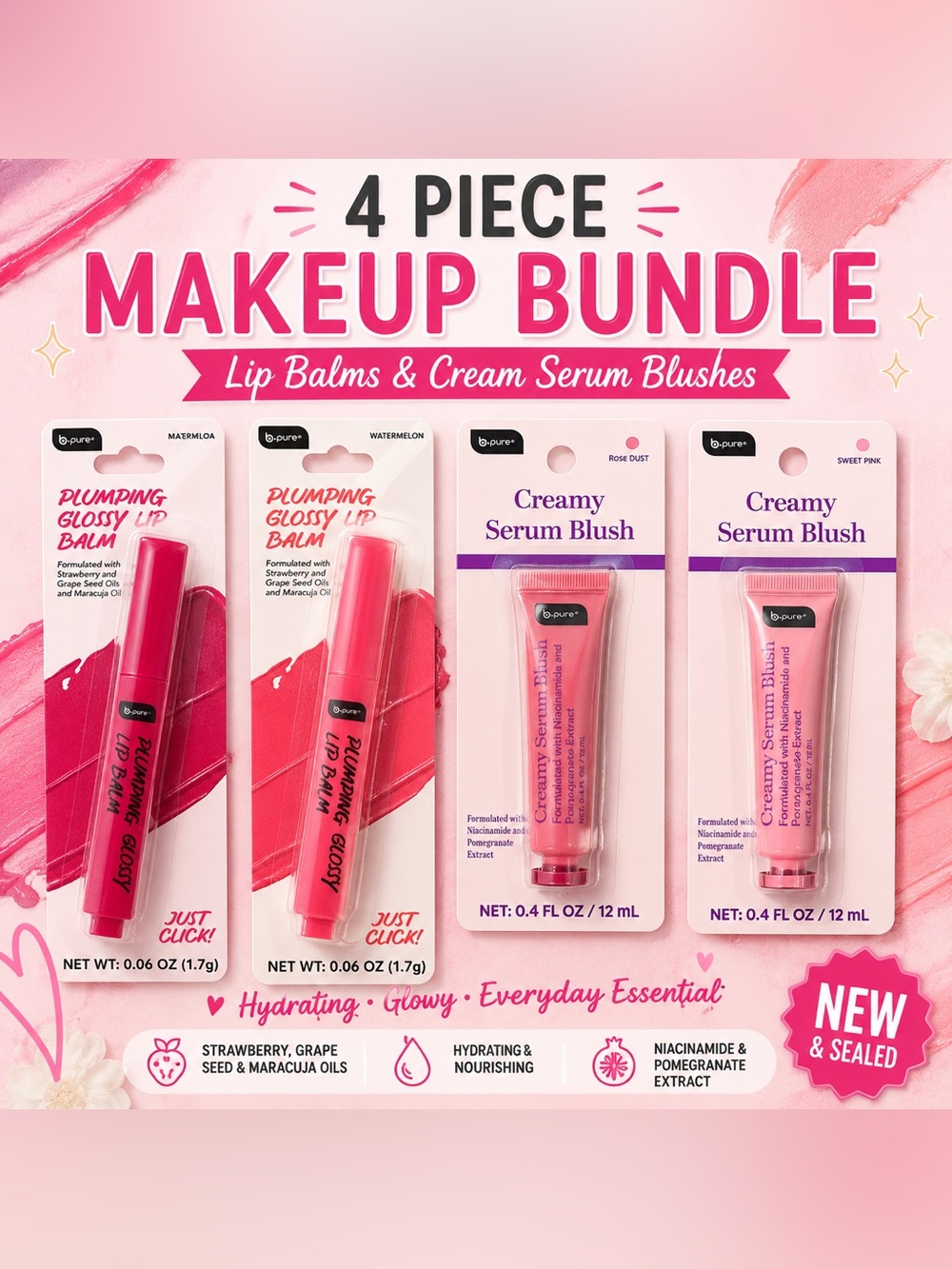 b.pure 4 Pc Makeup Bundle Lip Balm & Cream Serum Blush Set